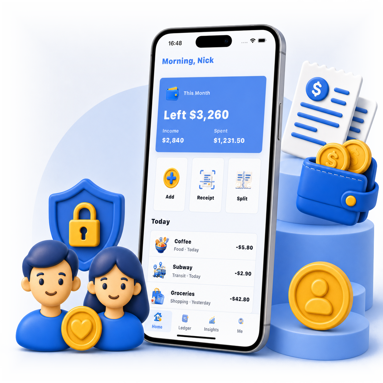 CoinJournal hero illustration showing the app home screen, budget visuals, receipts, wallet, coins, and privacy characters